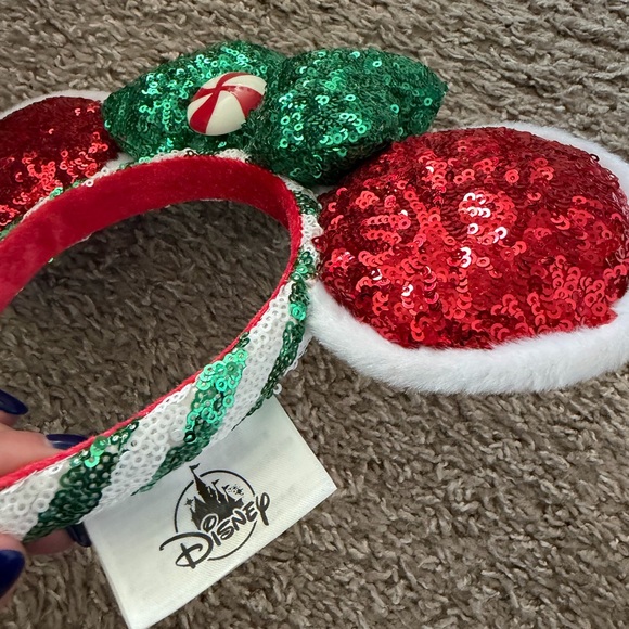 Disney Christmas Sequin Minnie Mouse Ears Headband - Red and Green - Picture 3 of 3